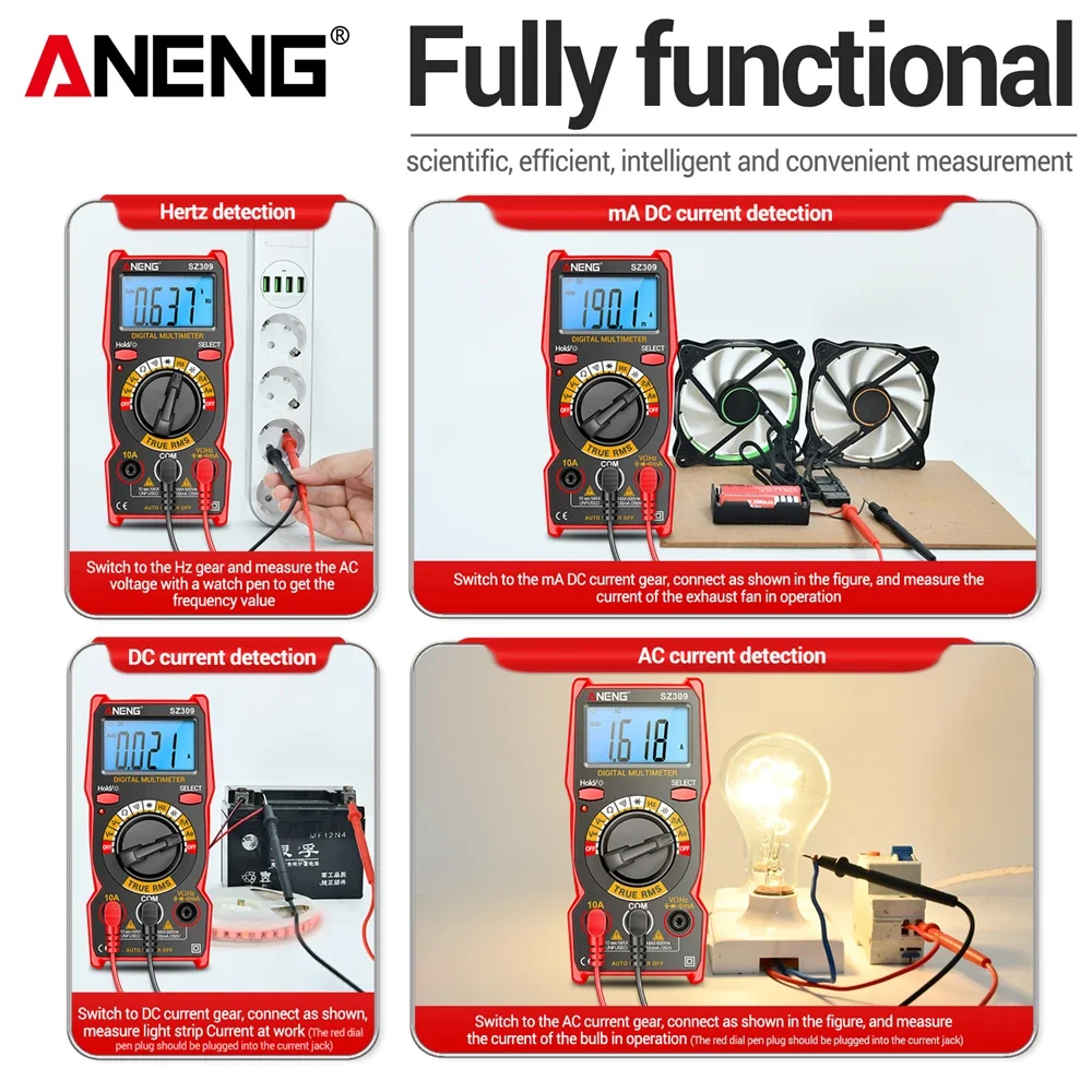 Imagem -03 - Aneng Sz309 Profissional Multímetro Digital de Alta Precisão ac dc Voltage Meter Fácil de Cary 1999 Contagem Tamanho Pequeno