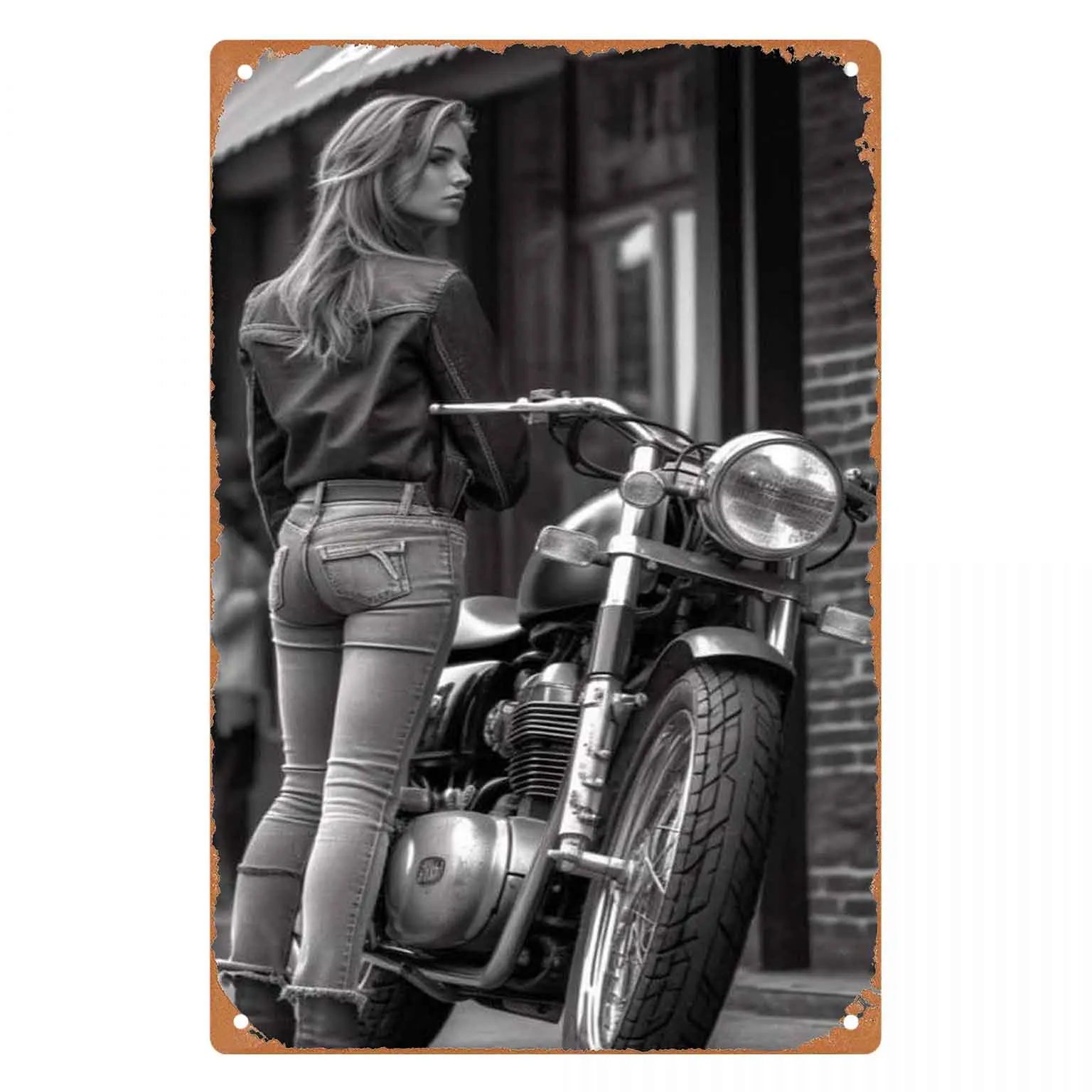 Bold Motorbike Woman With a Heroic Stance Vintage Metal Wall Sign Decor