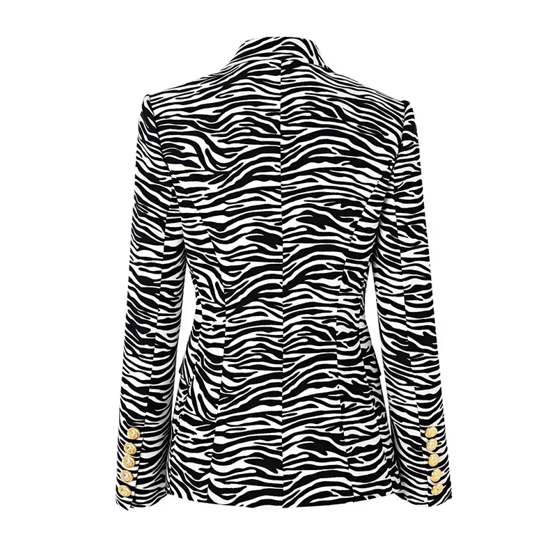 Zebra-Stripe Black Women Suit Blazer Jacket Female Office Lady Daily Work Wear V Neck Coat Double Breasted Prom Dress Outfit