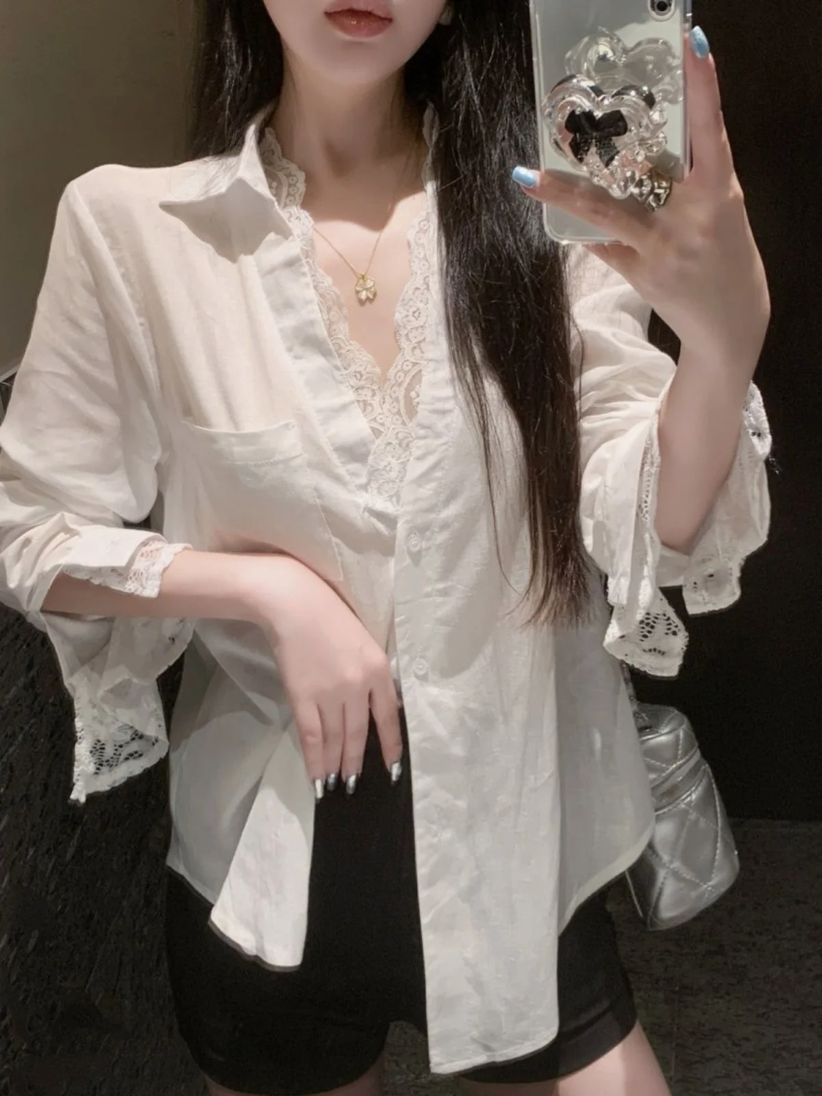 Tweedelig zonnebrandshirt voor dames in Koreaanse stijl met kanten versieringen - Sexy katoen-linnen gemengd herfstoutwear met lange mouwen