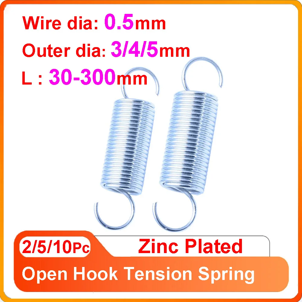

2-10Pcs Galvanized Hook Tension Spring 0.5mmX3/4/5mmX30-260mm Spring Steel Hook Extension Spring Zinc Plated Pullback Spring