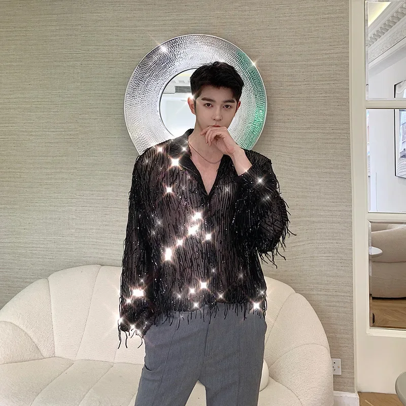 2025 Spring New Product Irregular Sequin Tassel Shirt Niche Streetwear Fashion Long Sleeve Shirts Men's Tops