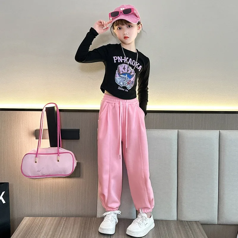 Fashion Spring Summer Girl Clothes Sets Kids Sports Cartoon Print T Shirt +Jogging Pants 2Pcs Suits Teenage Tracksuit Outfits