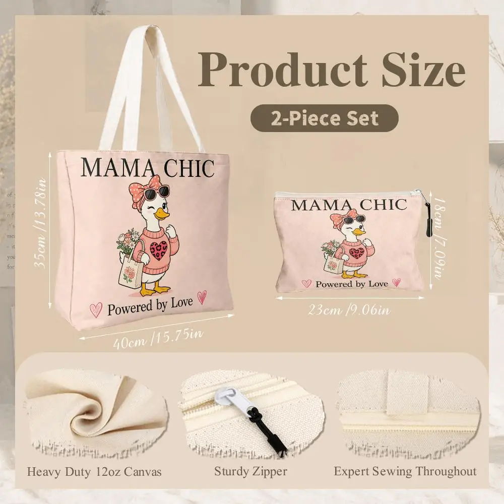 Cute Cartoon Mama Mode Coffee Storage Bags 2-Piece Women's Canvas Zipper Large Capacity Reusable Daily Commute Shopping&Gift