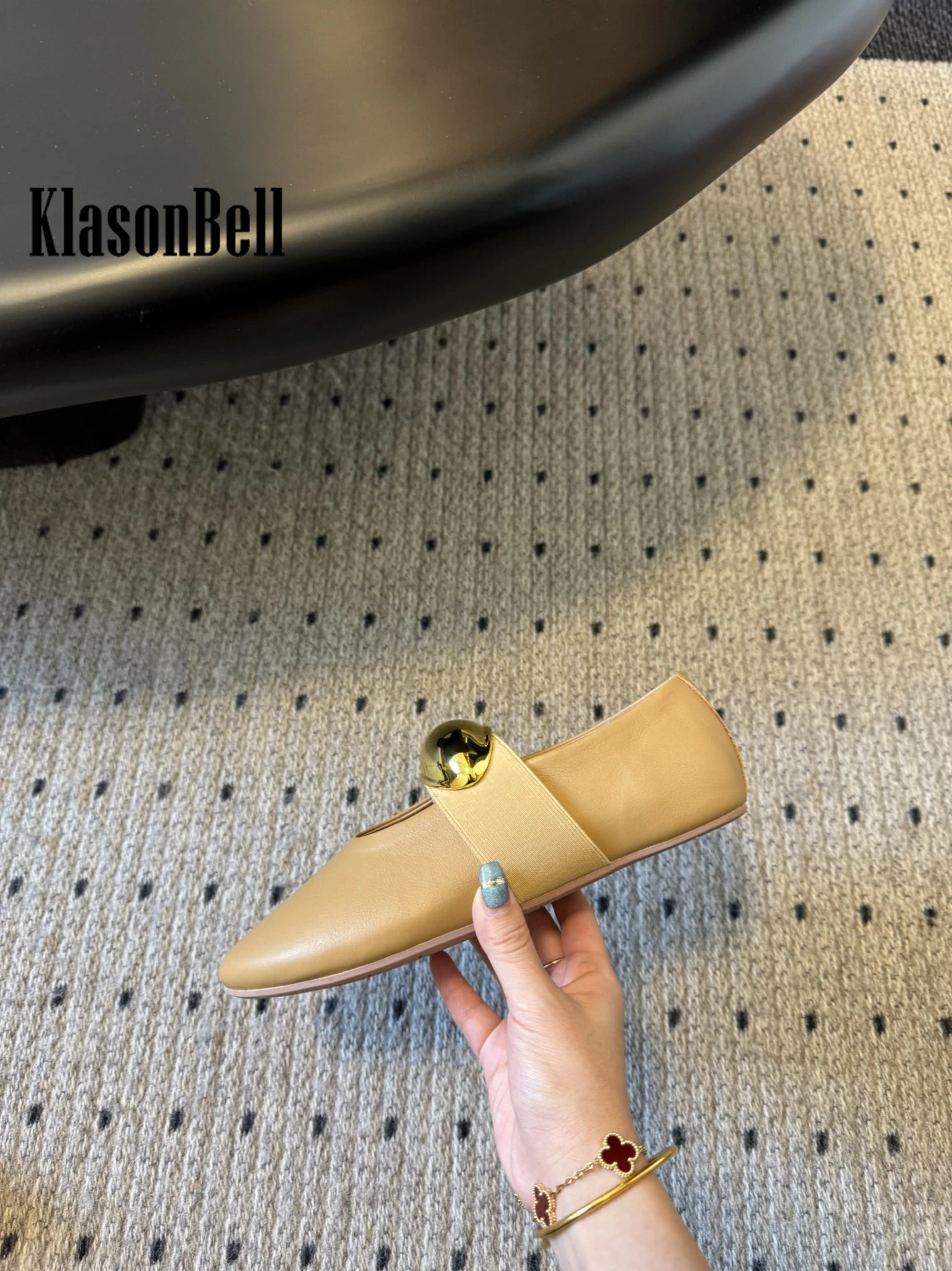 3.27 KlasonBell 2024 New Ballet Flats Shoes Women Fashion Metal Stretch Strap Decoration Genuine Leather Mary Janes Pumps