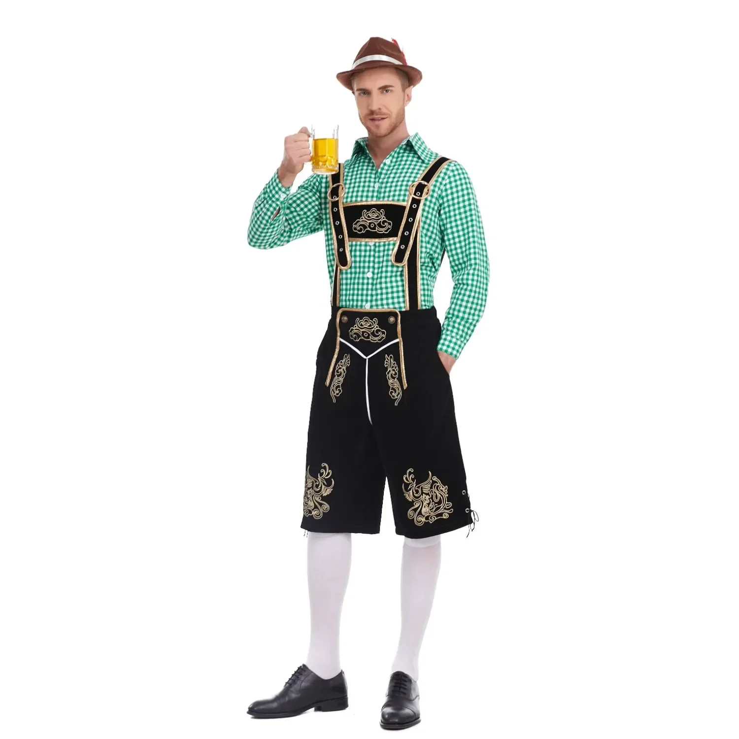 Adulto hombres carnaval Oktoberfest traje 3 unids/set tradicional Alemania cerveza bávara barman tirantes pantalones cortos camisa sombrero Halloween