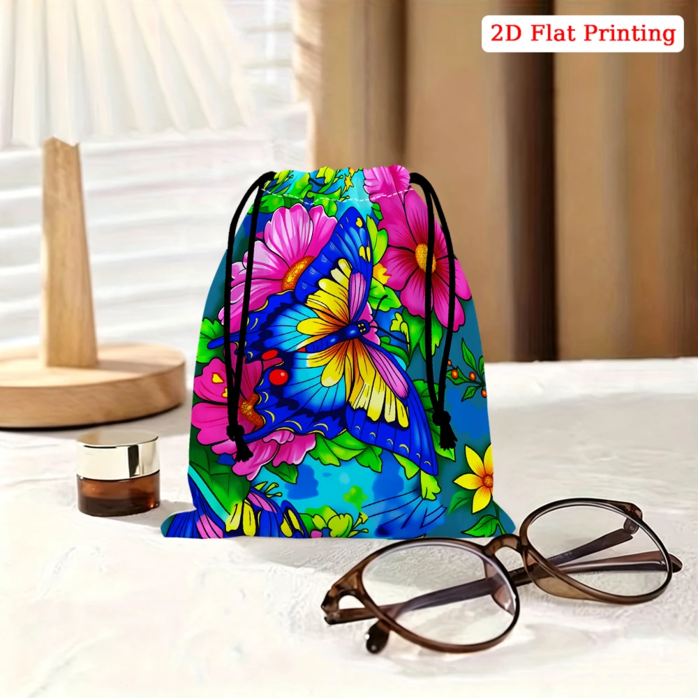 1pc Fashion Drawstring Bag Multicolor Butterfly Flower Print Storage Small Pouch Travel Organizer For Women Glasses Cosmetics Po