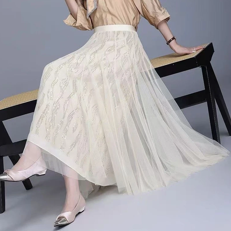 Elegante preto longo tule saias femininas casual cintura alta uma linha faldas largas coreano y2k roupas comprimento médio plissado saia alargamento