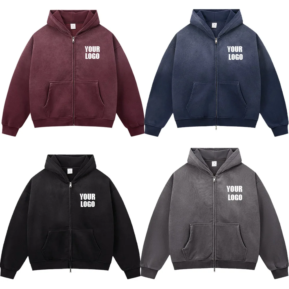 Pers LOGO custom men's autumn winter 400G cotton polyester heavy-duty velvet American street retro boxy loose hooded zip sweater