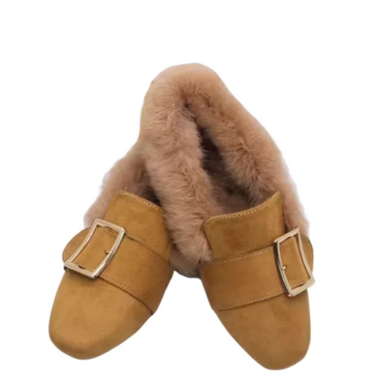 

Женские теплые туфли из кроличьей шерсти на зиму, зимние слипоны с квадратным кончиком, серые, винно-желтые, с пряжкой, на плоской подошве, большие размеры 45, 39, 27 см, флок