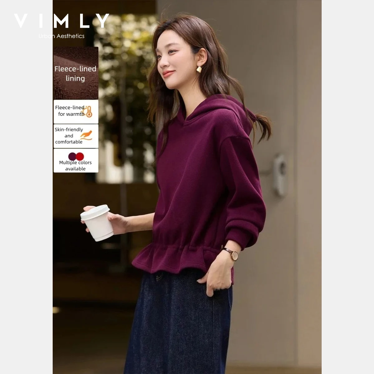 

Женские толстовки VIMLY, винтажный красный вязаный свитшот на флисовой подкладке с завязками, зима 2025 г., свободный женский топ с длинными рукавами A3552