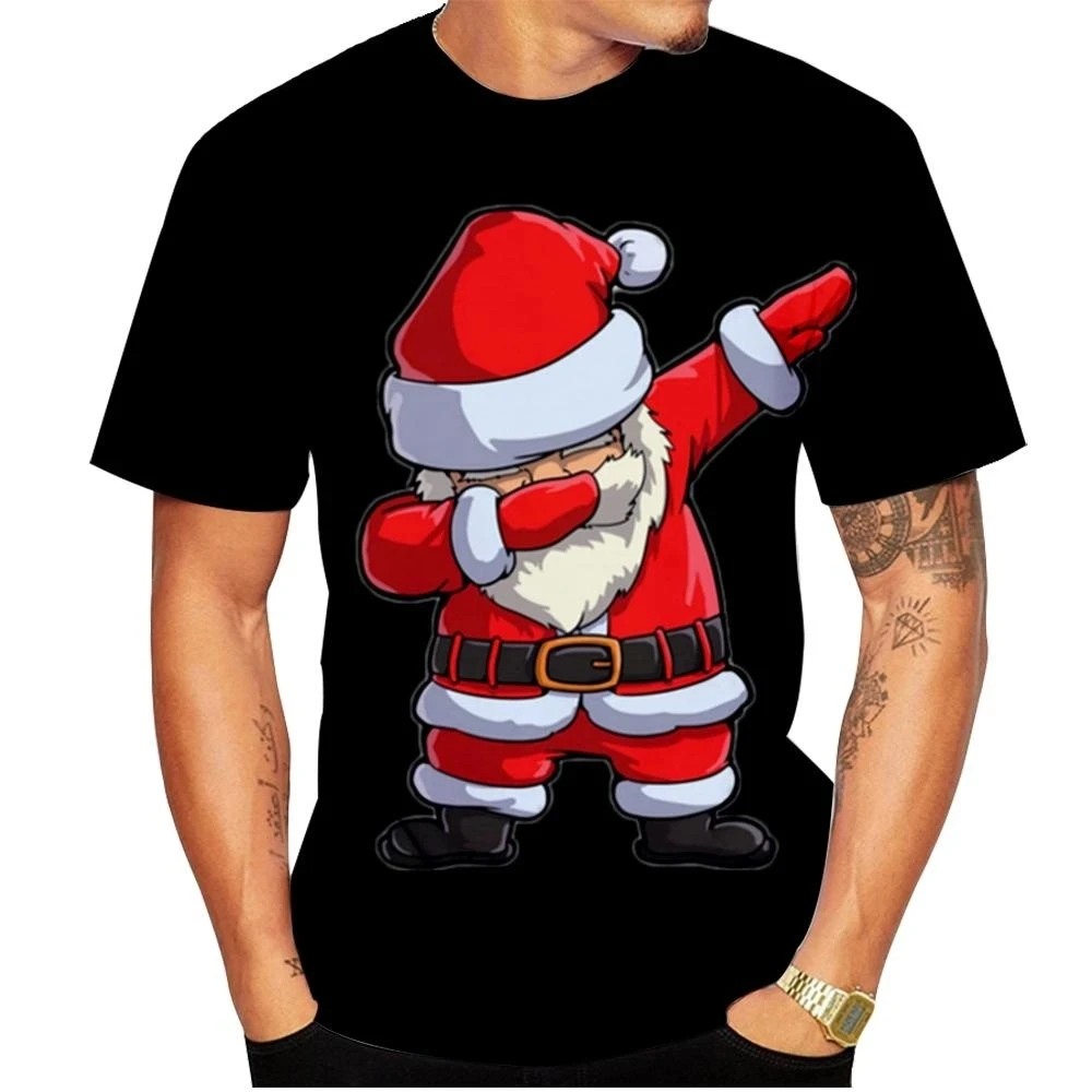 Carnival Party Hip Hop Men\'s Christmas Elf Santa Claus Printed T-shirt Fashion Trend Round Neck Loose Street Party Men\'s Round N