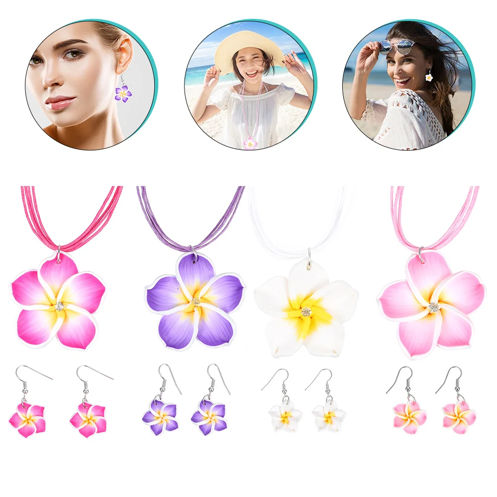 4 Sets Stud Earrings Orrous Frangipani Accessories Clay Flower Necklace and Luau Party Jewelry Plumeria Women's