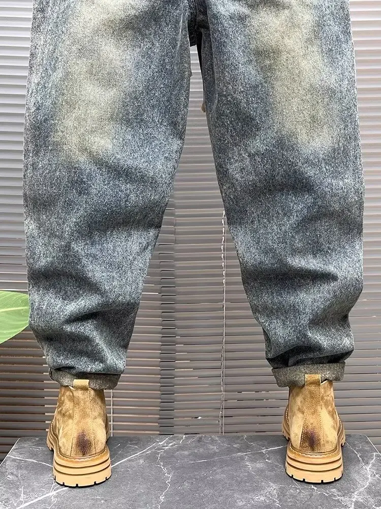 Trousers Cargo Light Blue Jeans For Men Cropped Male Cowboy Pants Harem Designer Patchwork Streetwear American korean Fashion