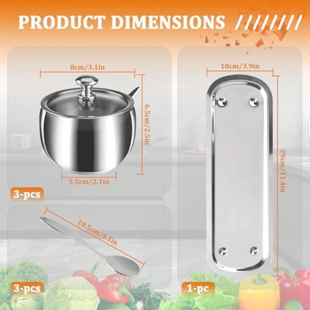Elegant 3-Grid Stainless Steel Sugar Bowl Set With Spoon & Tray For Kitchen Storage Bottle Kitchen Storage Jars Seasoning Candy