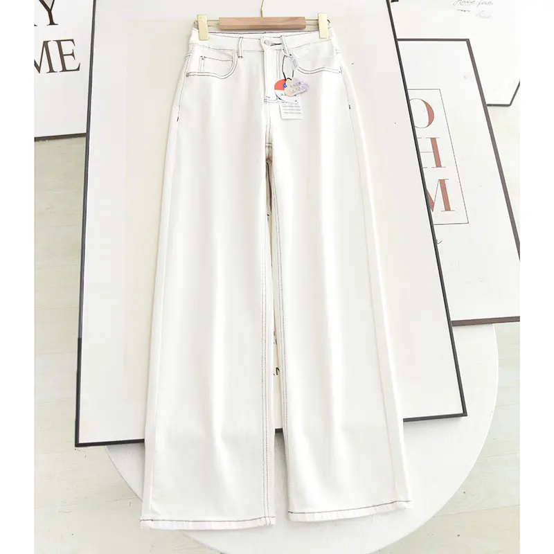 

Белые джинсы скинни с высокой талией, повседневные прямые брюки, универсальные широкие длинные брюки с вышивкой