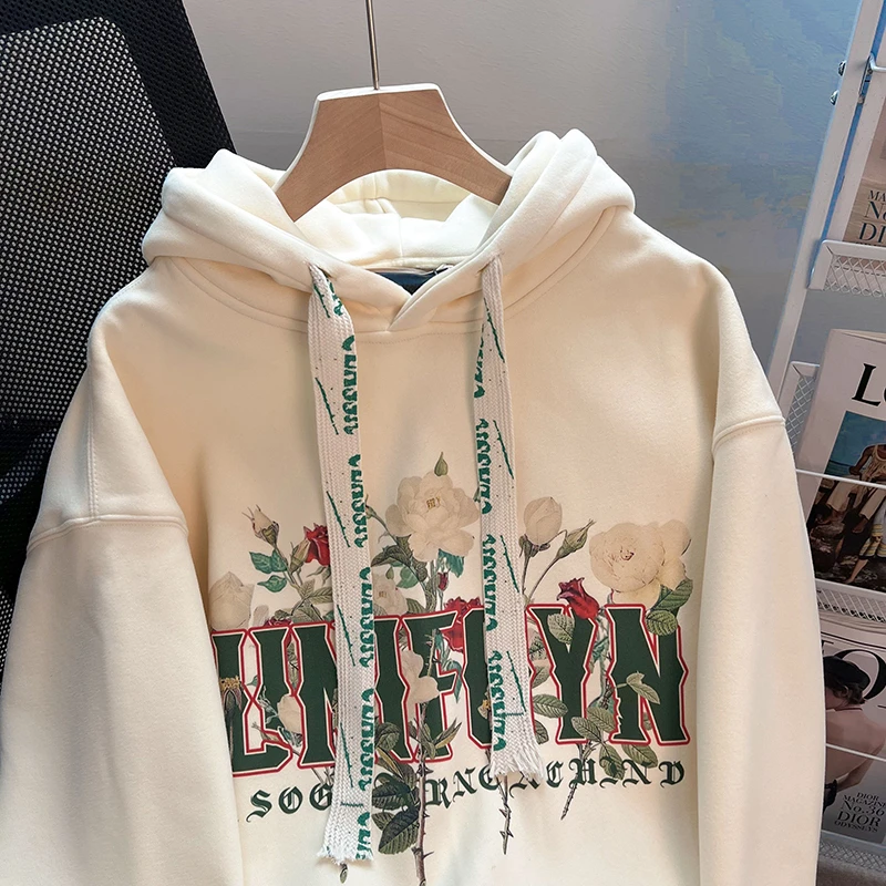 

Rose Embroidery Hoodie Sweatirt Men's Thiened Autumn Winter American Sle Warm Outerwear Coat Cleanfit Casual Loose Fit