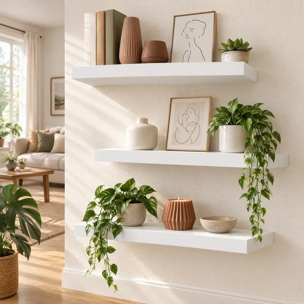 Stylish Floating Wall Shelves Set of 3 with Invisible Bracket Design for Modern Bathroom Kitchen Bedroom Decor