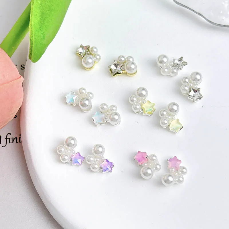 Macaron Star Pearl Pile Diamond Nails Crystal Parts Charms 3D Five-Pointed Star Pearl Combination Nail Figures Decor Rhinestones