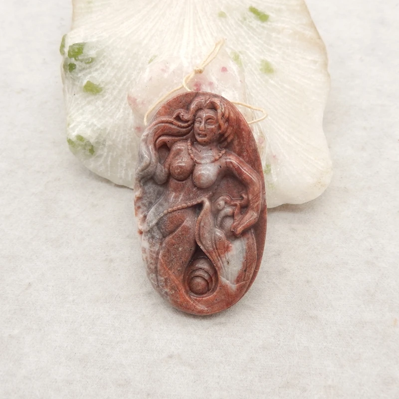 

Ocean Jasper Mermaid Pendant Carved Red-Brown & White Gemstone Jewelry Component for Crafting Unique Accessories 57x34x7mm-21.5g