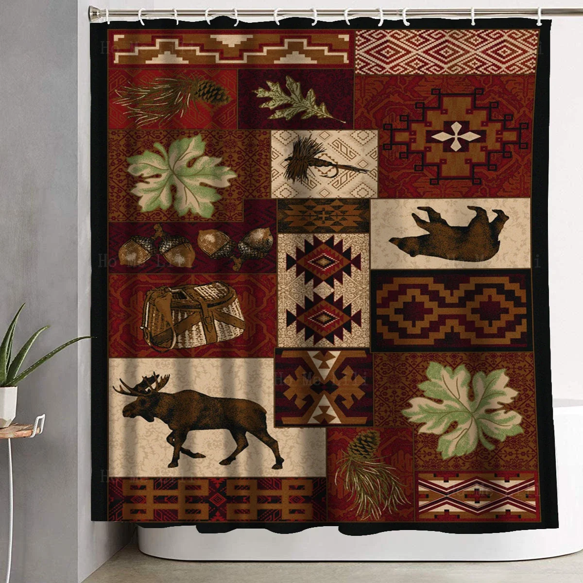 Bear Moose Creek Lodge Pine Boughs Fishing Tackle And Native Pattern Rustic Collage Shower Curtain By Ho Me Lili Bath Decor