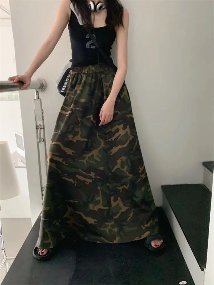 Hikigawa Chic Fashion Women Casual Korean Camouflage Skirts Streetwear Vintage All Match High Waist A-Line MIdi Faldas Mujer