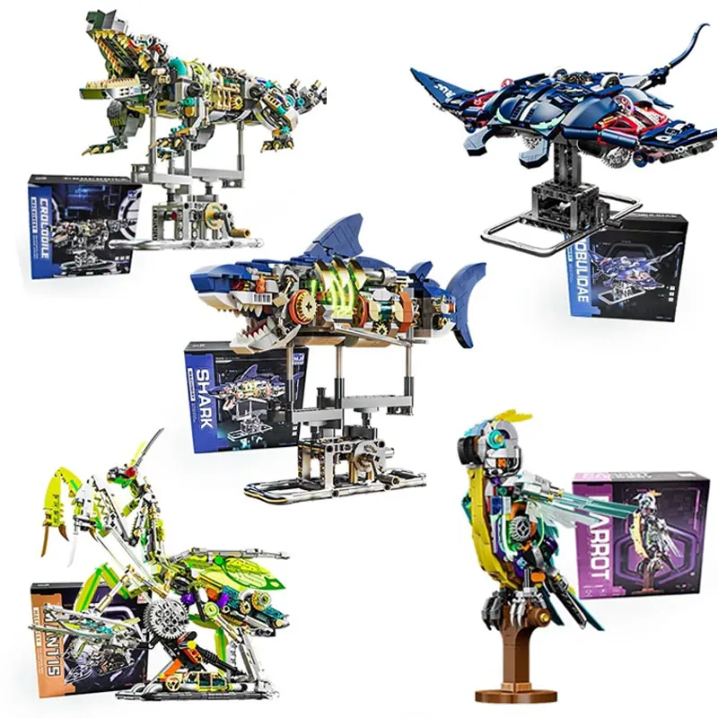 

Mechanical Shark Building Set Sea Life Crocodile Parrot Mantis Frog Manta Ray Building Blocks Light Animal Toys Gift for Kid