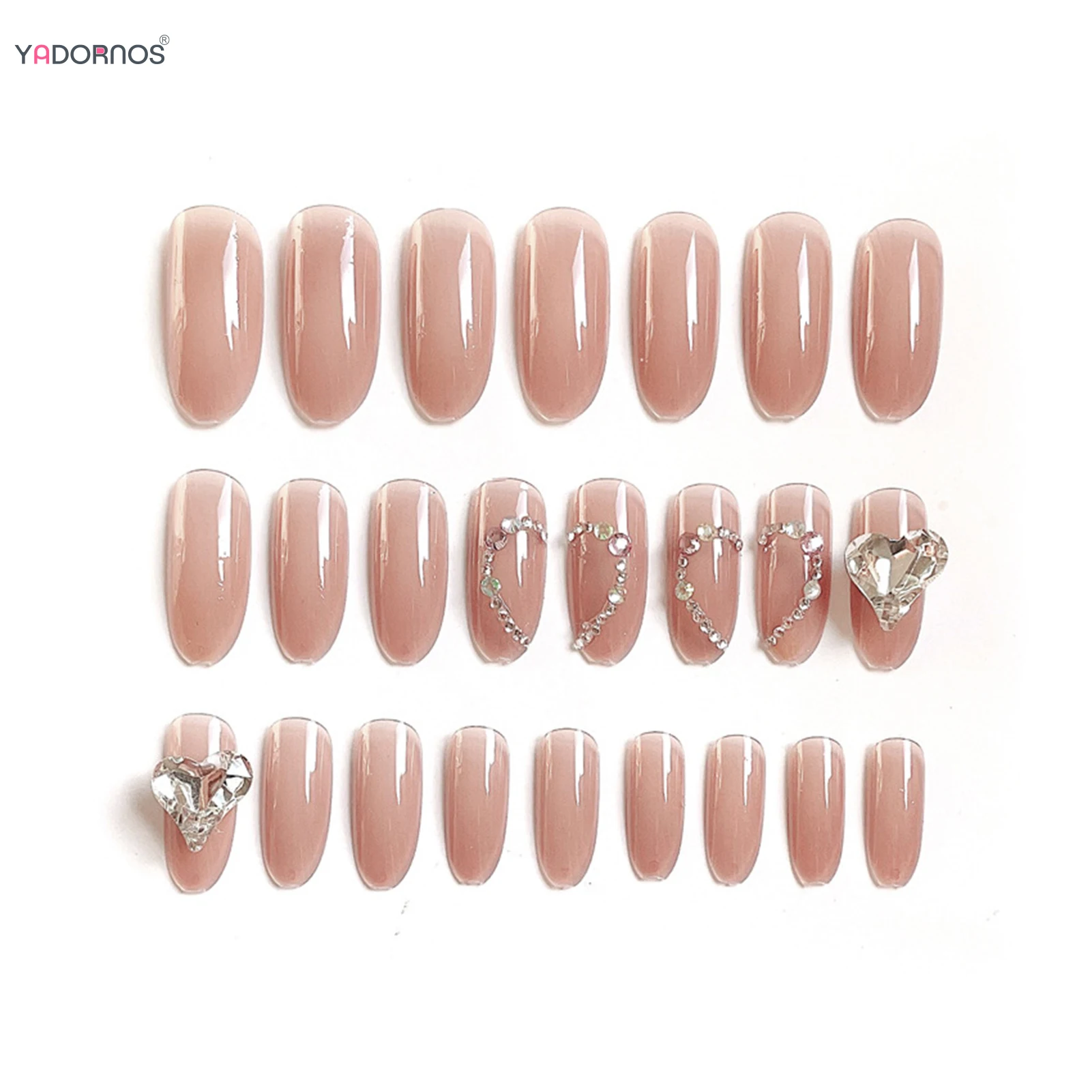 3D unhas postiças de strass com cola, bailarina dicas de unhas falsas para mulheres e meninas, amêndoa, cor nua, pressione, Love Heart Designs