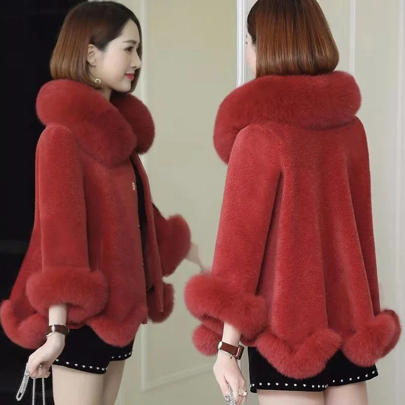Pop Square Collar Faux Fur Coat Women Particles Imitation Sheep Shearing Coat Female Imitation Fox Fur Collar Fashion Winter Coa