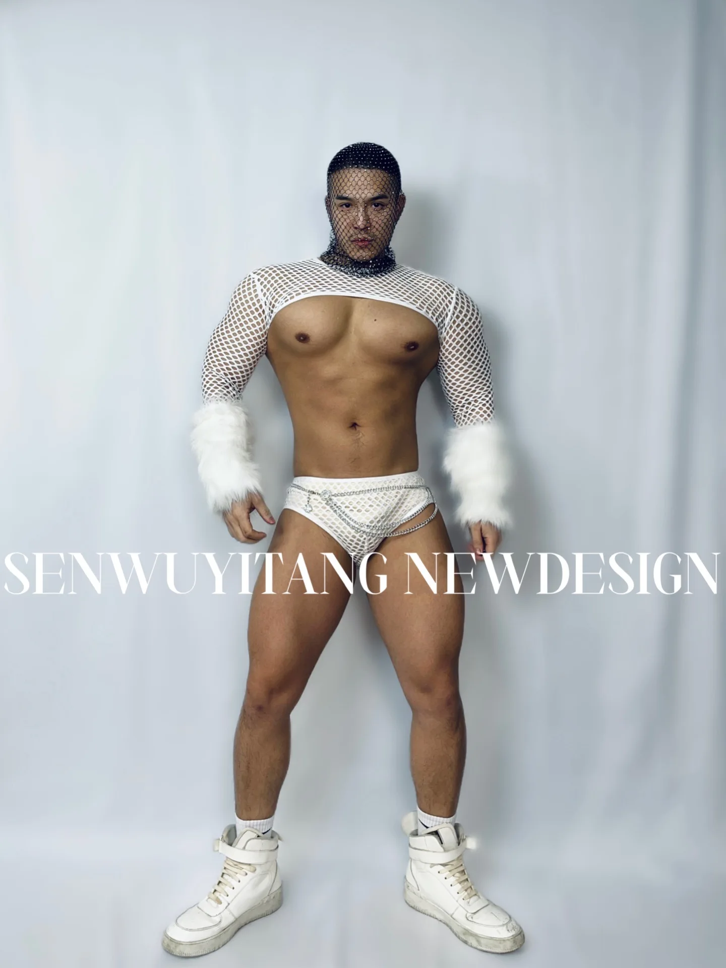 Nightclub Bar Gogo Clothing Muscle White Wool Mesh Perspective Tops+Shorts Suit Male Female Singer Dance Team Costumes Women