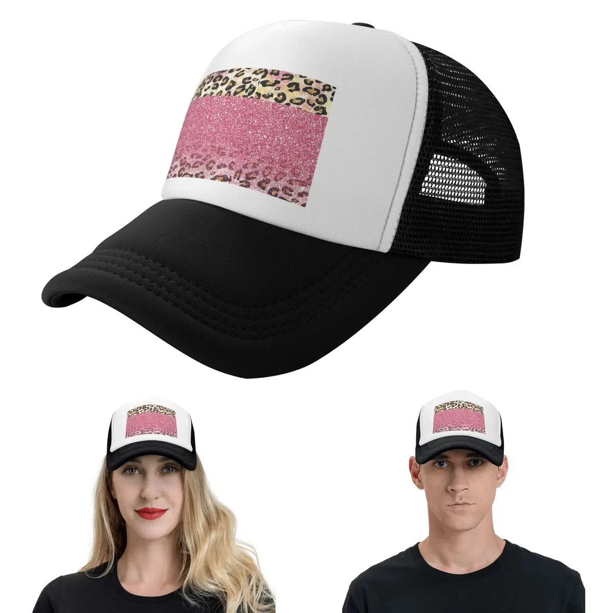 Bubble Gum Pink Faux Glitter Leopard Animal Print Cap Fashion Mesh Baseball Caps Adjustable Hat Hip Hop Summer