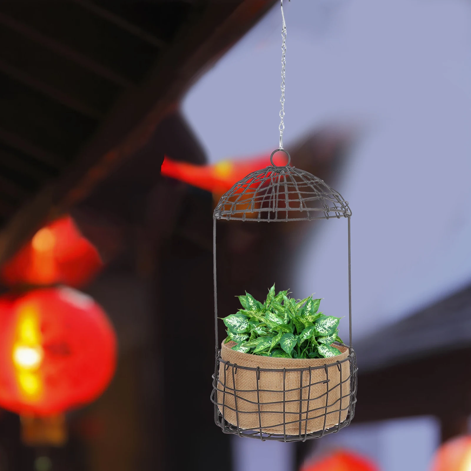 

Rustic Birdcage Style Hanging Basket Planter With Linen Liner Black Metal Flowerpot For Indoor Outdoor Garden Balcony Wedding