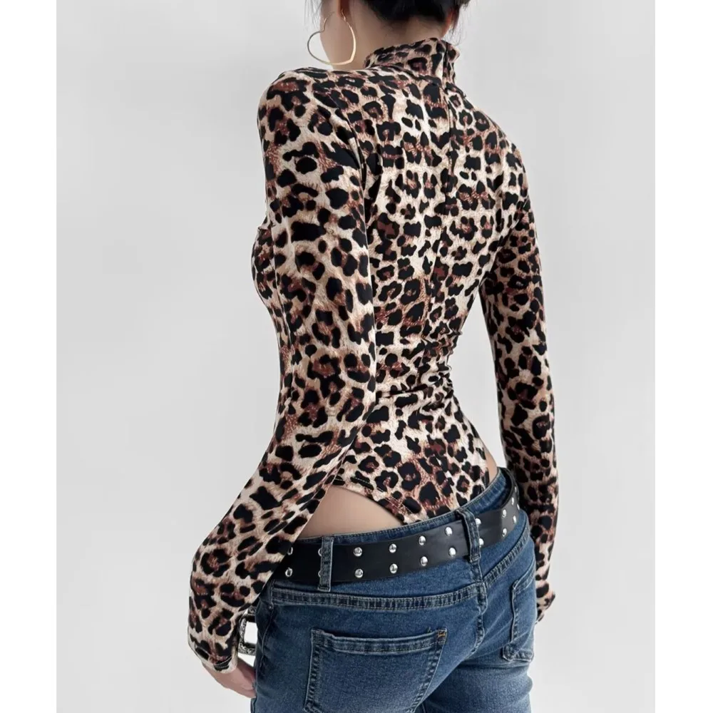 Americano retro aberto zíper gola animal leopardo impressão manga longa bodysuit sexy mulher macacão fino ajuste playsuits