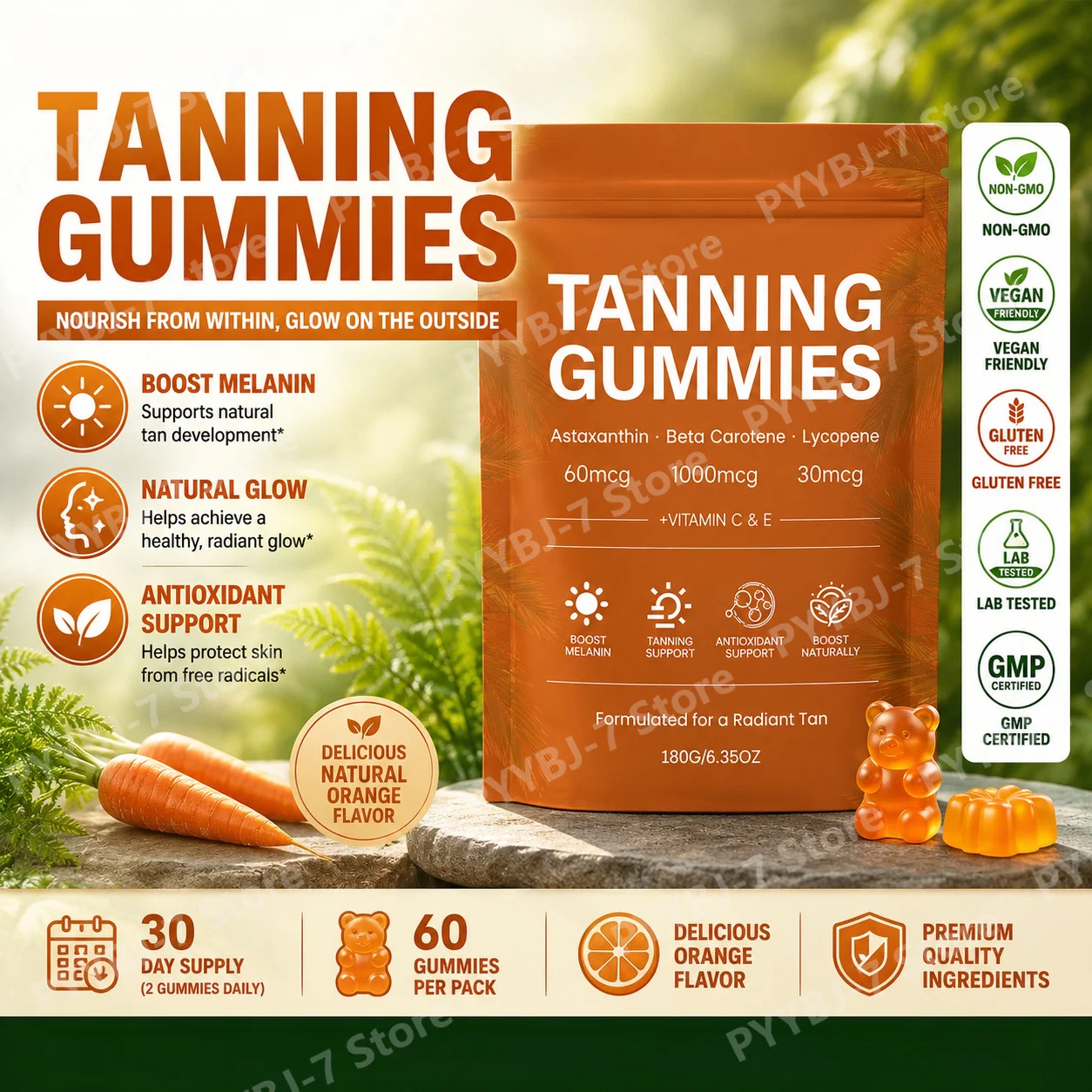 

Tanning Nutrition Gummies Astaxanthin Lycopene Beta Carotene Vitamins C E L-Tyrosine Antioxidant Support Outdoor Activities