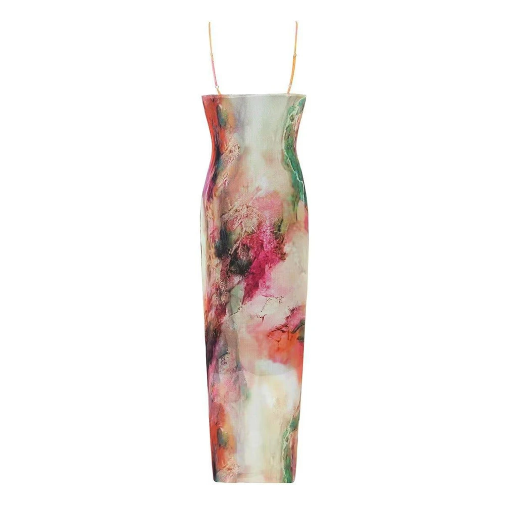 Women Summer Suspender Printed Tulle Long  Female Summer Holiday Dress Backless Sexy Bodycon Camisole Evening Party Vestidos New