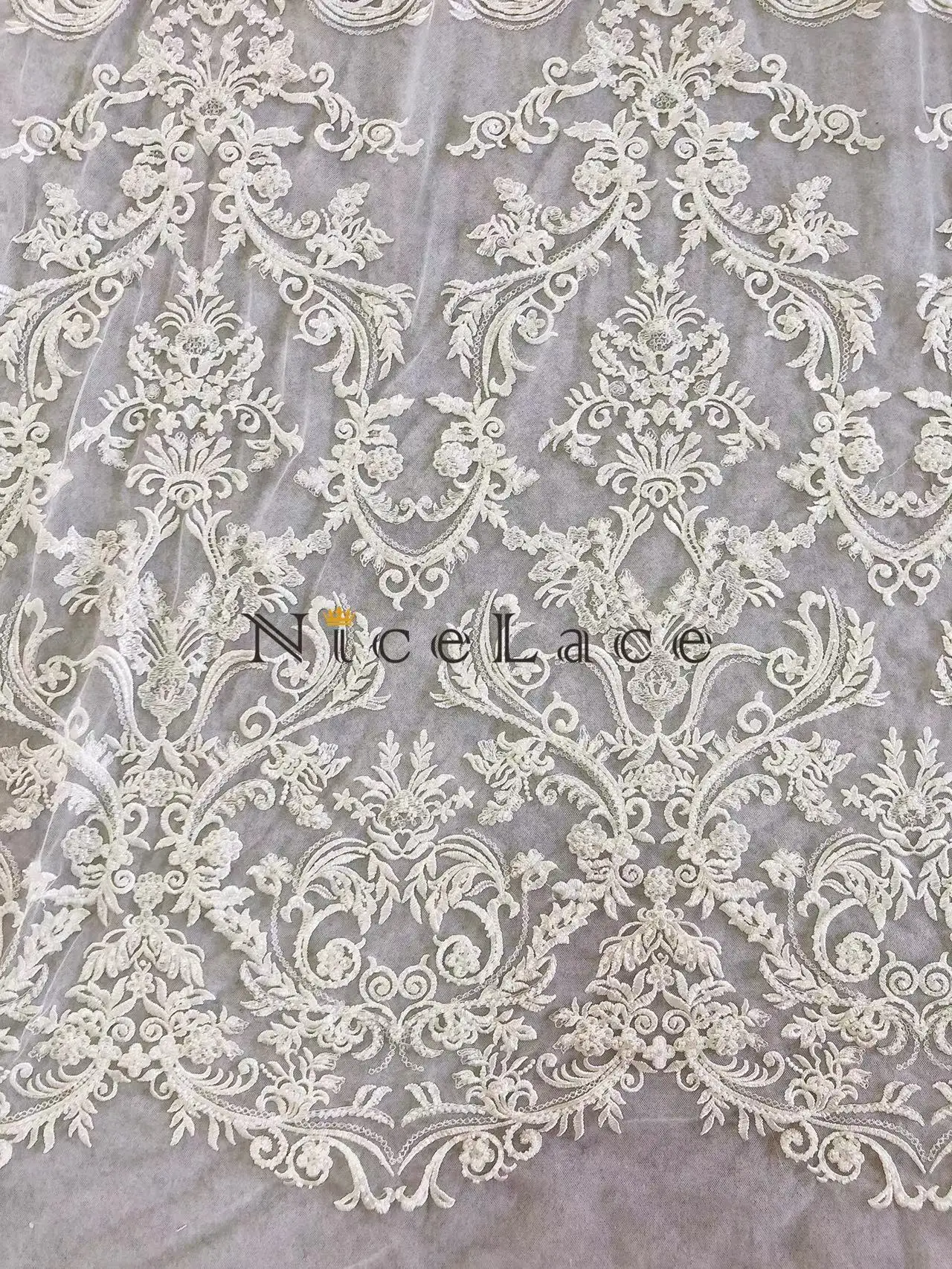 

Nicelace 1Yard 2022 Good Quality Sequin And Beads Embroidery Lace Fabric With Soft Tulle For Bride Dress Wedding Gown Garments