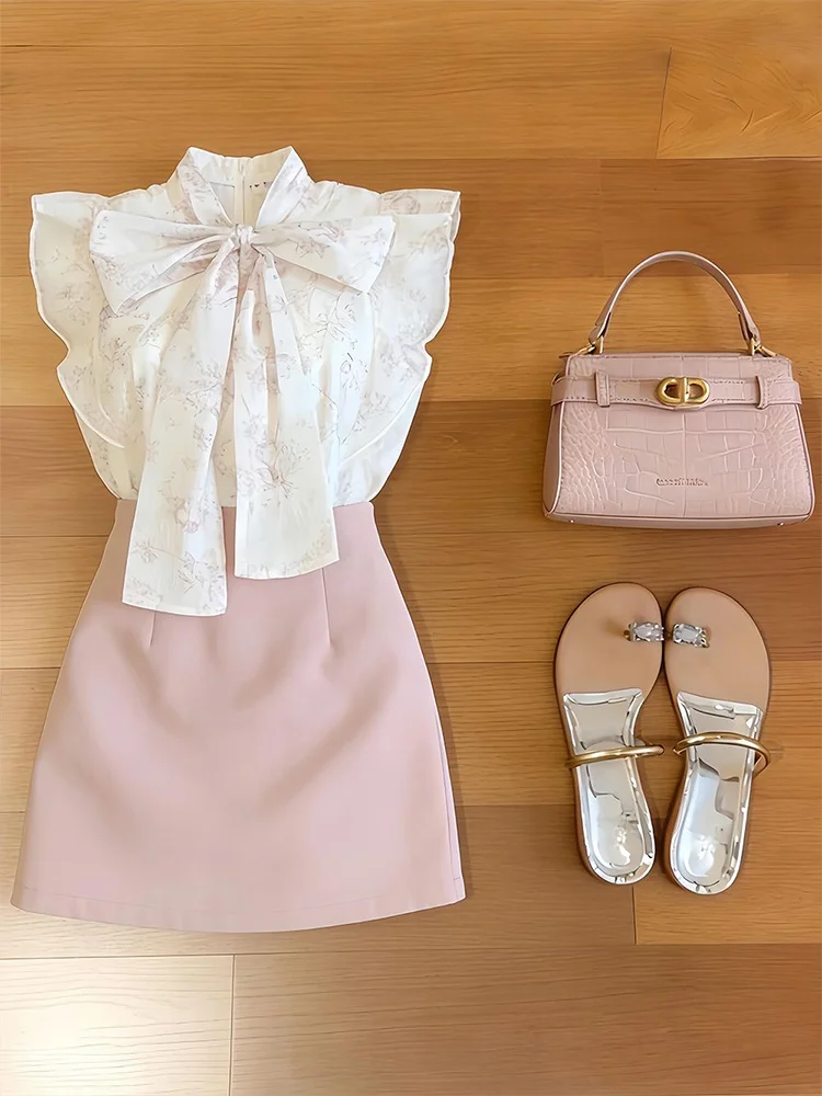

Summer New Gentle Style Women's Shirt Knot Sleeveless Top High Waist Short Skirt Set Floral Pattern V-Neck Casual Wear
