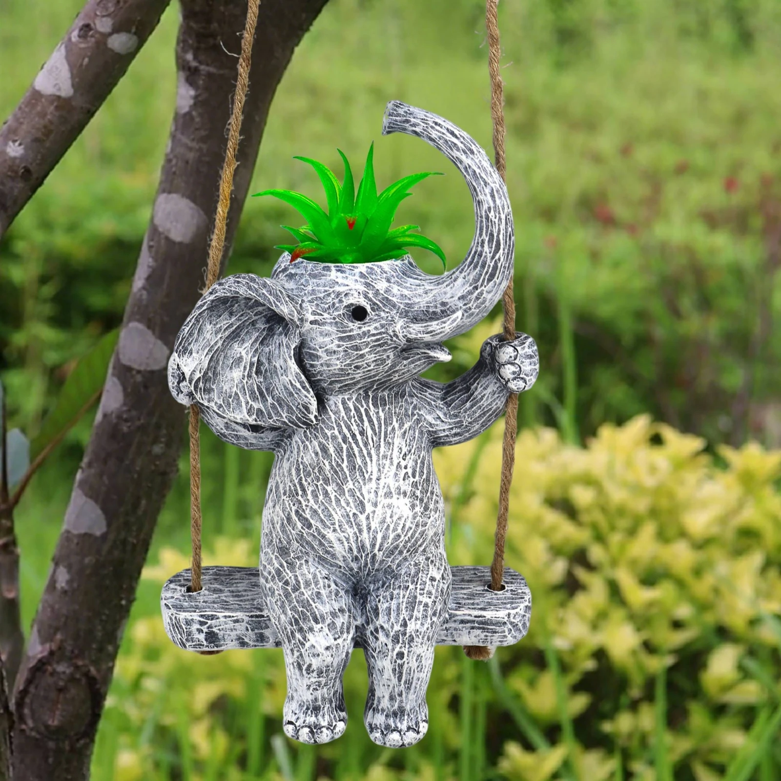 Resin Elephant Planter Drainage Hole Swing Seat Planter Elephant Flower Pot Holder Textured Surface Outdoor Decoration