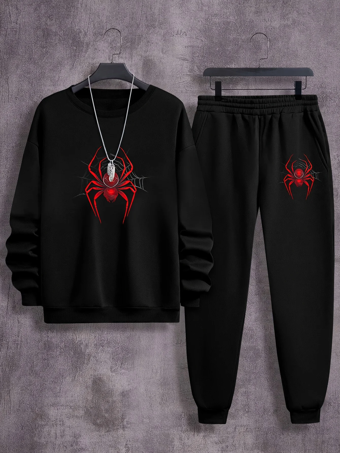 

Мужская одежда, осенне-зимний свитер с круглым вырезом, толстовка, спортивные штаны, комплект из 2 предметов, хлопковый модный пуловер большого размера с пауком