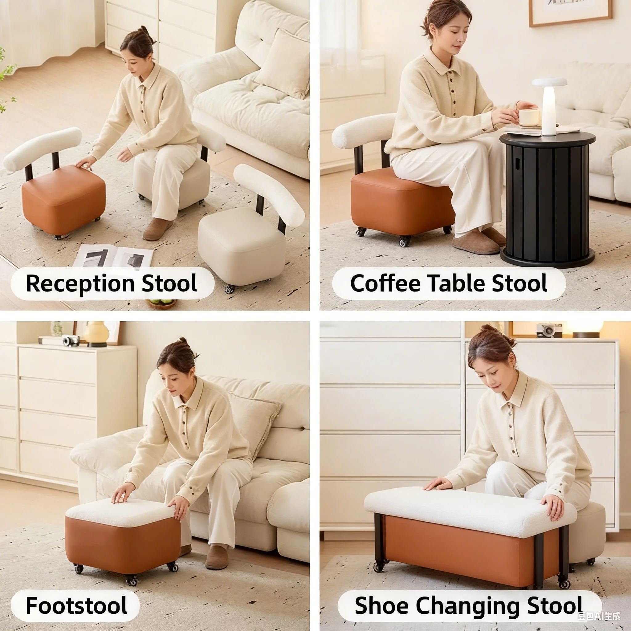 Small Stool with Backrest Wheels  Leather Footrest Ottoman Low Seating for Living Room Stylish Versatile Small Ottomans Perfect image 6