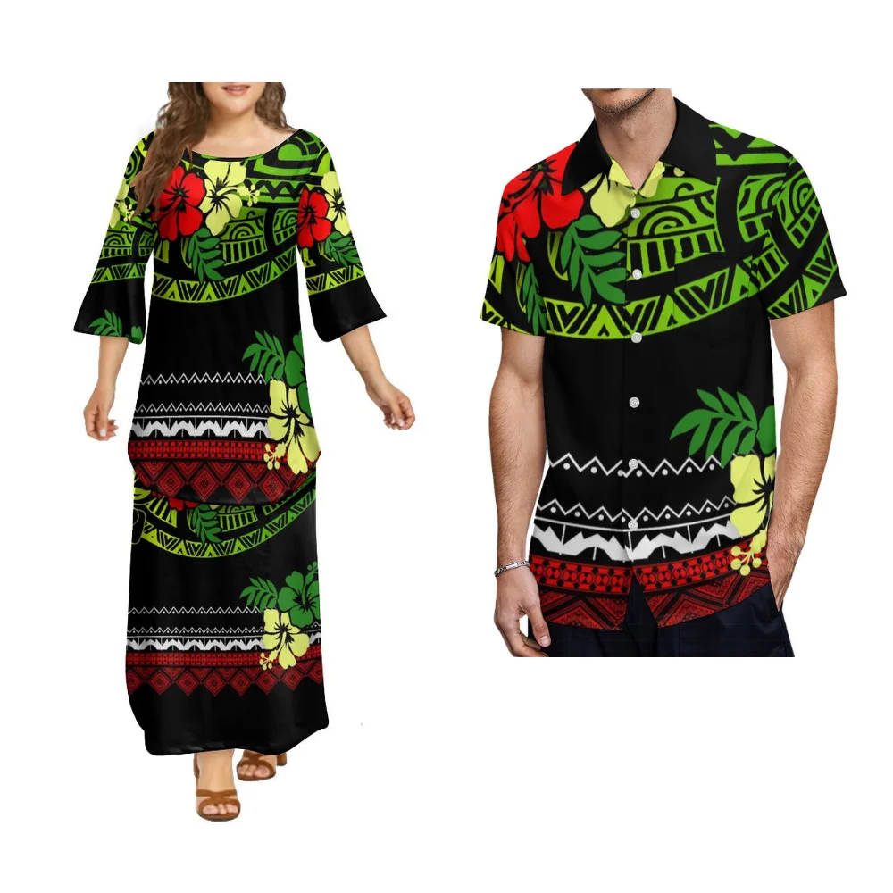 

Polynesian Couple Suit Club Women Puletasi Custom Tribal Ethnic Pattern Floral Print Men'S Shirt Long Sleeve Crew Neck Dress