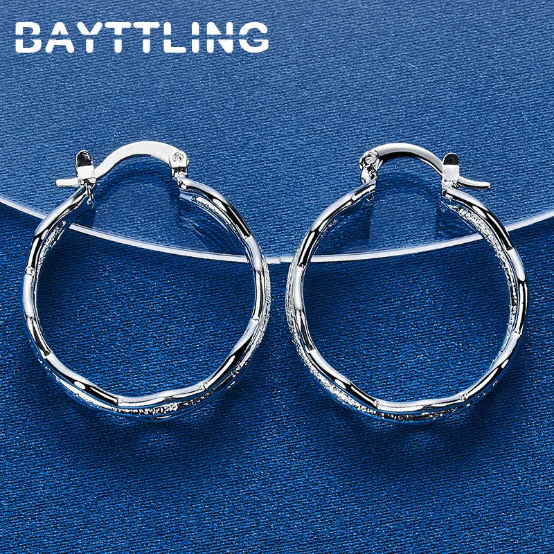 Anting-anting kristal perak murni S925, trendi baru 27MM Multi-Hoop Frosted Ripple Hoop untuk wanita Punk Charm Hadiah Perhiasan mode