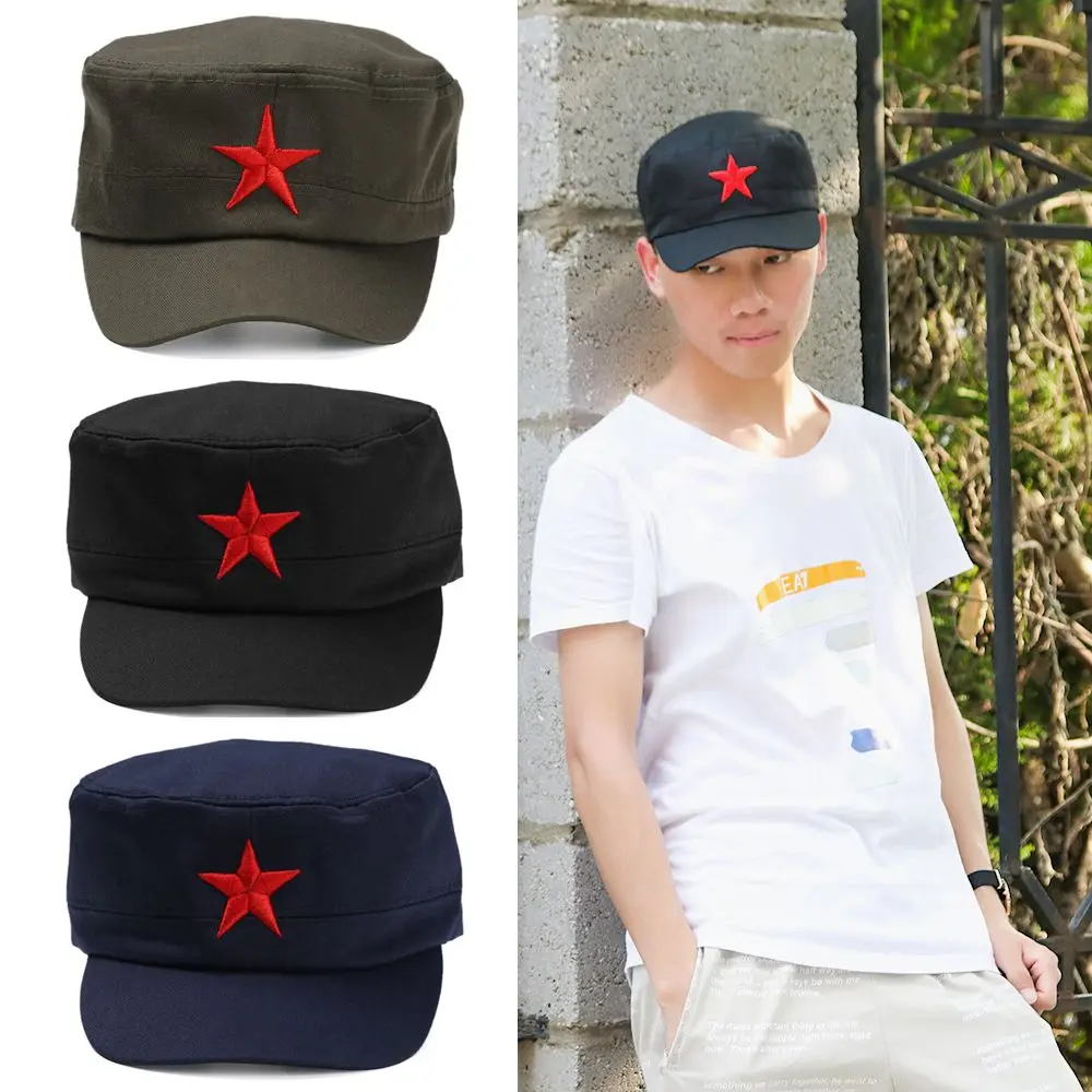 Fashion Unisex Classic Cotton Army Hat Sun Hats Plain Cap Red Star