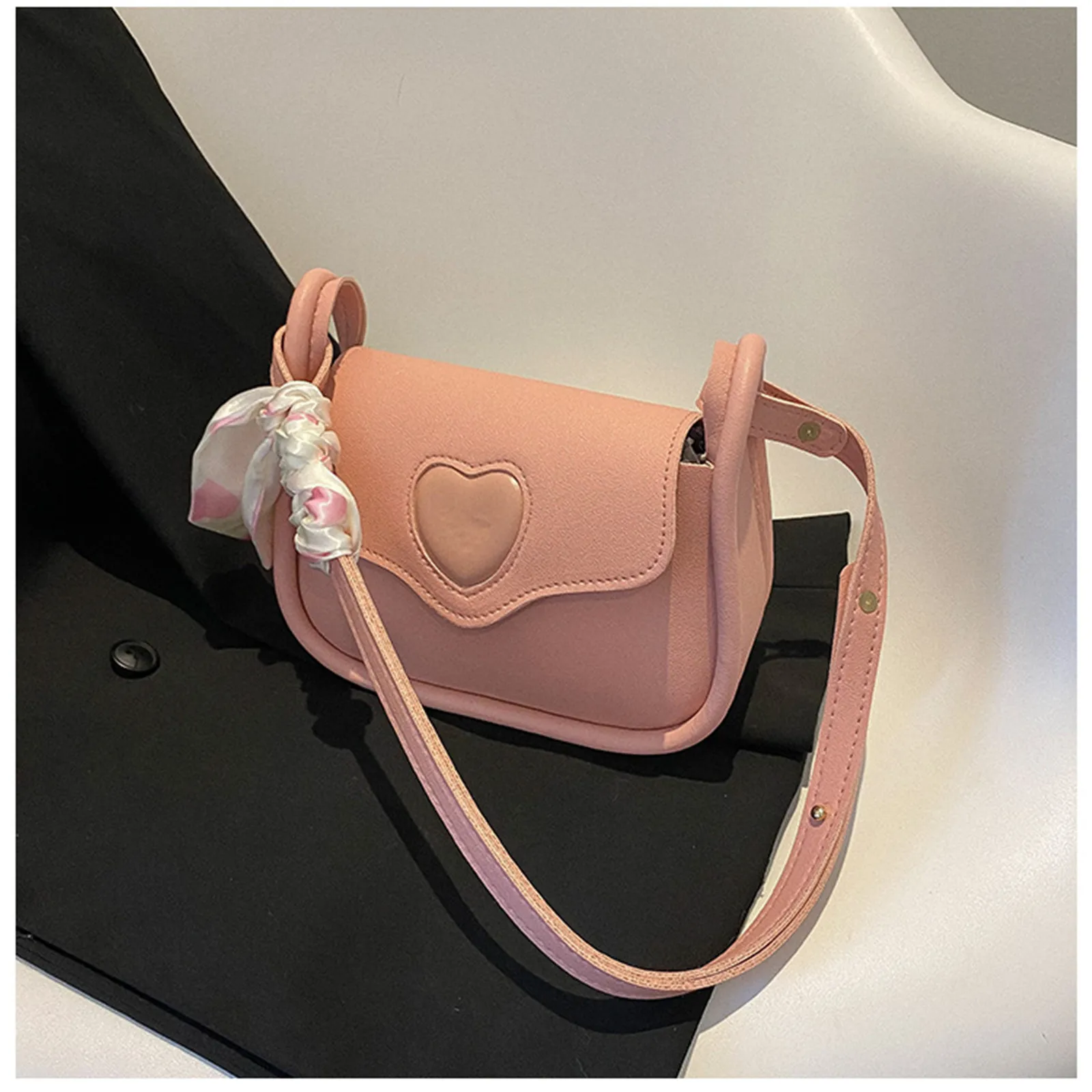 Cute Love Heart Women Small Square Shoulder Bag Female Flap PU Leather Underarm Bag Casual Simple Ladies Crossbody Purse Handbag