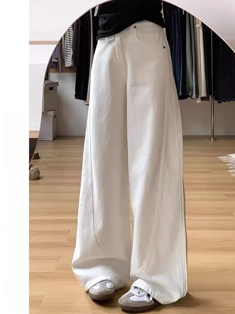 

Большие размеры, белые широкие джинсовые джинсы, женские свободные утягивающие длинные брюки с высокой талией, летние повседневные модные прямые косой брюки