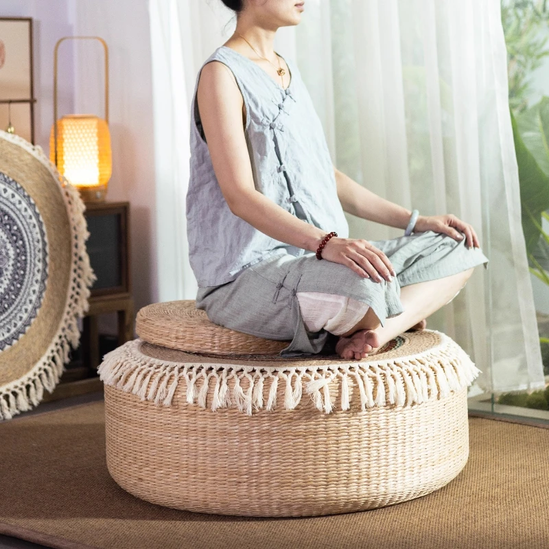 

Modern Minimalist Grass Woven Zafu, Japanese Tatami Seat Cushion, Thick Tassel Meditation Mat, Room Balcony Sitting Pad