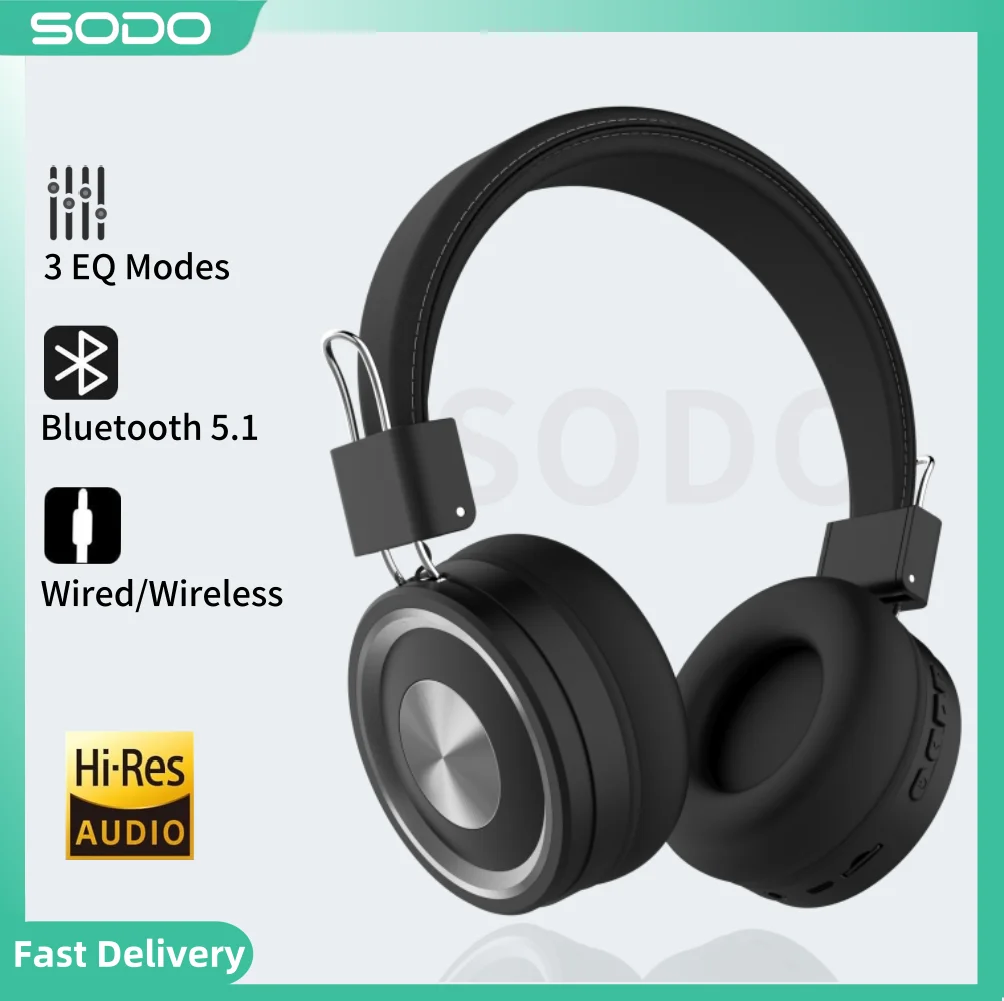 سماعة رأس SODO 1002 لاسلكية متوافقة مع البلوتوث 5.1 سماعة رأس ستيريو سلكية سماعات رأس لاسلكية قابلة للطي مع ميكروفون يدعم TF