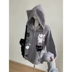 Women Y2k Gray Kawaii Eat Hooded Loose Sweaters Coats Cardigan Long Sleeve Cartoon Cat Korean Preppy Style Sueter Mujer