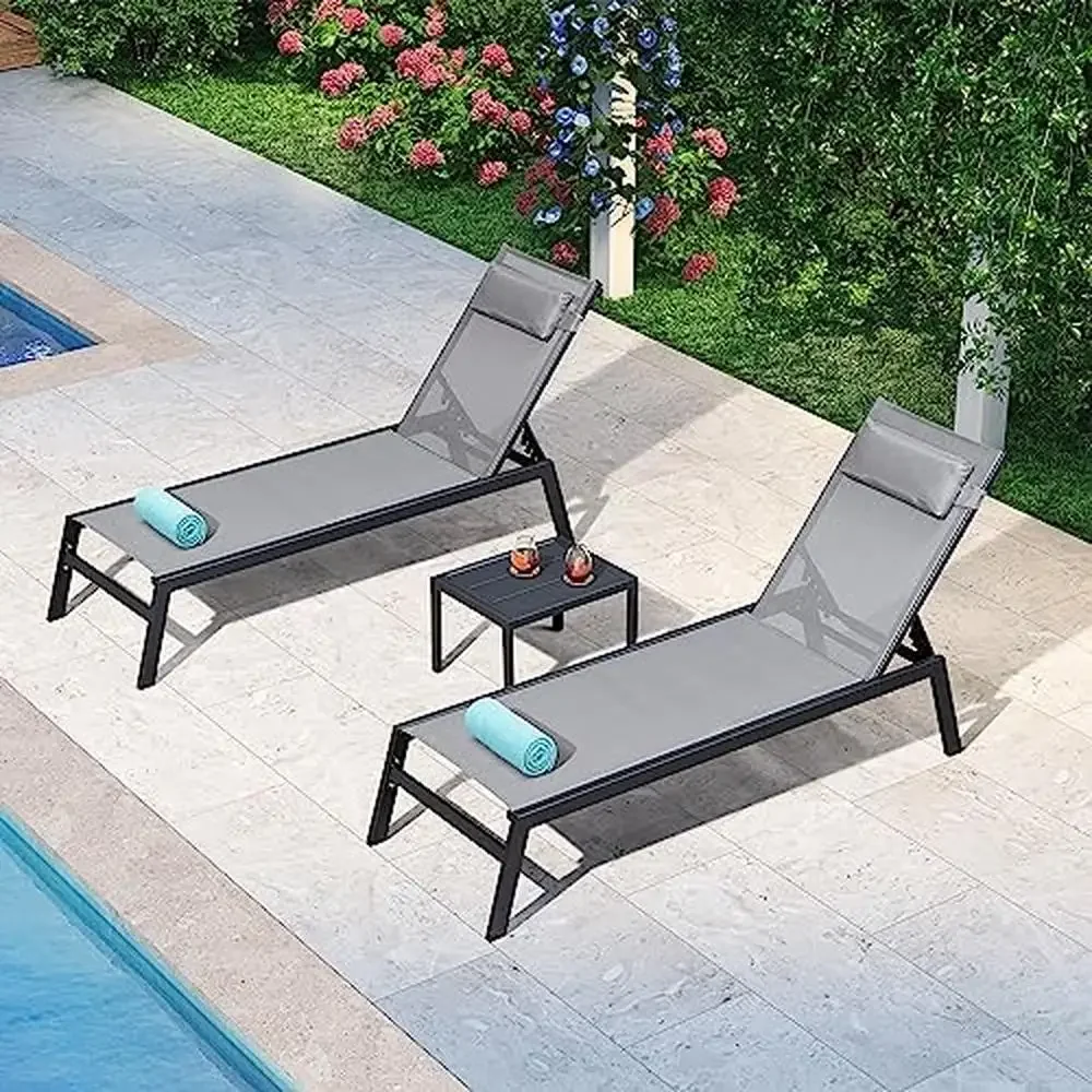 Aluminum Patio Lounge Chair Set with Adjustable Backrest and Pillow Outdoor Recliner with Side Table Weather-Resistant Grey