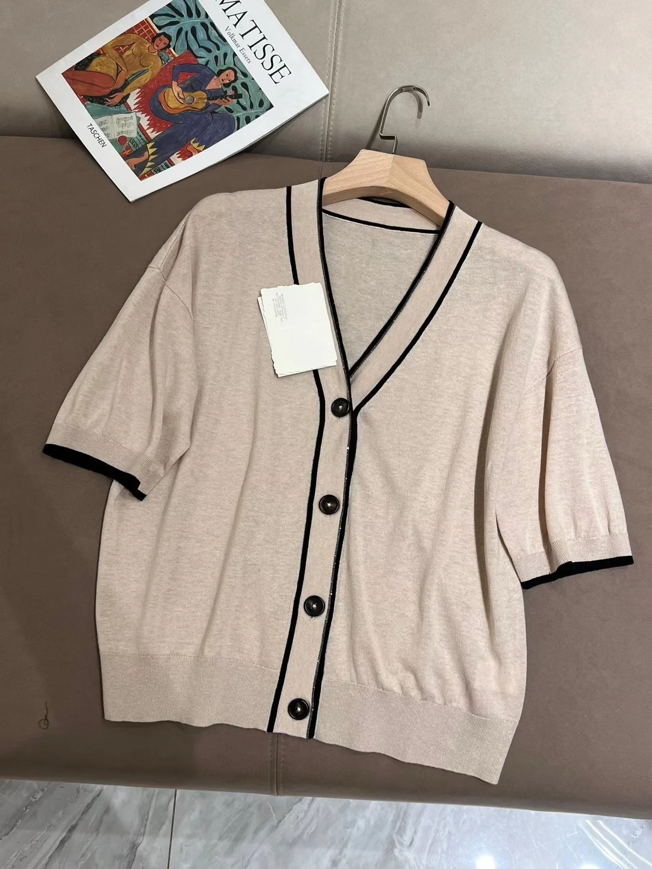 Spring Summer Women\'s Short Sleeve Cardigan Linen Silk-blend V-Neck Knitted Top Female Casual Clothing